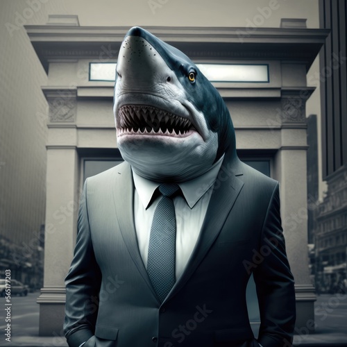 Portrait of a Shark dressed in a formal business suit, generative ai