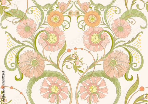 Decorative flowers and leaves in art nouveau style, vintage, old, retro style. Seamless pattern, background. Vector illustration.