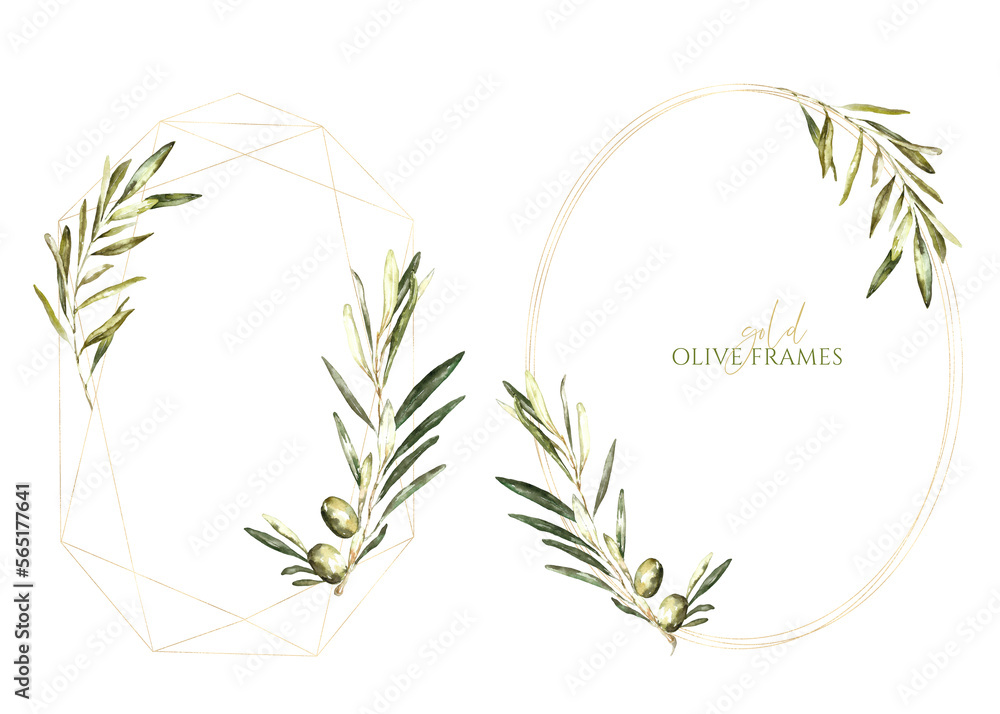 Watercolor olive branch Arrangement Easter frame greeting card  Mediterranean wedding invitations border rustic invites elegant logo PNG