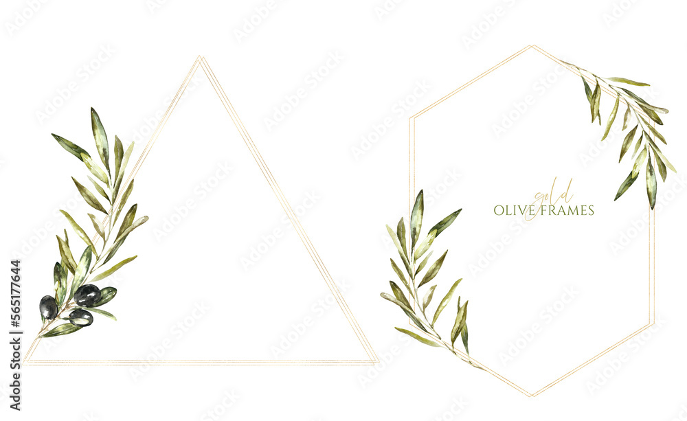 Watercolor green olive gold frames set. Polygonal , oval, round, hexagon, wreaths, border, banner. Olive Wedding frames, botanical greenery stationery invitaion, card design, print, printable, rsvp 