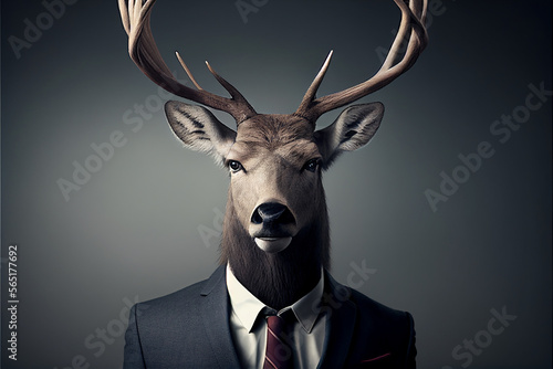Seriöses realistisches Portrait eines Hirsch im Business Anzug mit dunklem Hintergrund