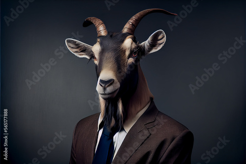 Seriöses realistisches Portrait einer Ziege im Business Anzug mit dunklem Hintergrund