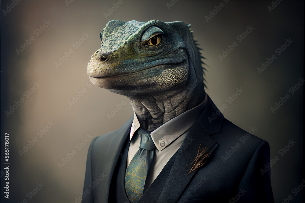 Seriöses realistisches Portrait einer Eidechse im Business Anzug mit dunklem Hintergrund