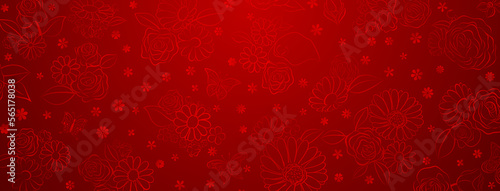 Spring background in red colors made of various flowers and butterflies
