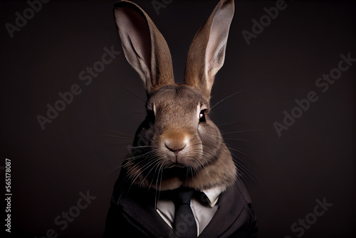 Seriöses realistisches Portrait eines Hasen im Business Anzug mit dunklem Hintergrund © Kurosch