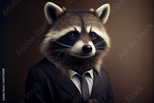 Seriöses realistisches Portrait eines Waschbären im Business Anzug mit dunklem Hintergrund