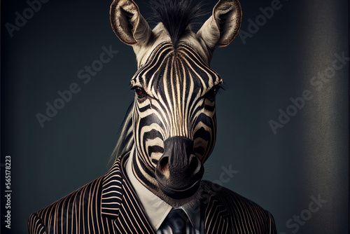Seri  ses realistisches Portrait eines Zebras im Business Anzug mit dunklem Hintergrund