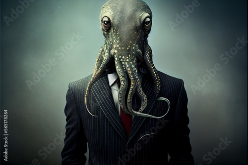 Seriöses realistisches Portrait eines Oktopus im Business Anzug mit dunklem Hintergrund