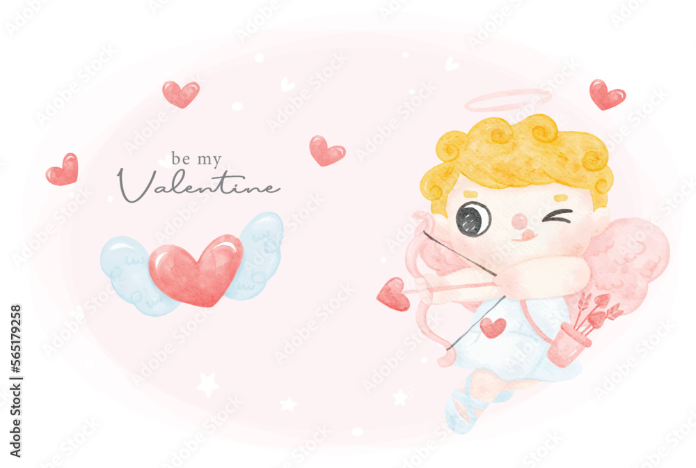 Cute Watercolor Valentine Cupid Boy with Bow and Arrow, Hand-Painted Vector banner Cute Watercolor Valentine Cupid Boy with Bow and Arrow, Hand-Painted Vector banner