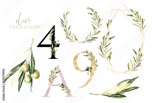 Watercolor olive greenery promo set. olive illustration branch  leaves  botanical wreath  gold polygonal frame  gold number digit 9  4  greenery alphabet letter A for green wedding invitation card