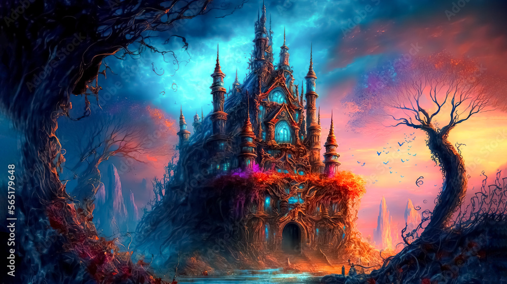 Enchanting magical fantasy fairytale castle. Fantasy background,  digital art, generative ai