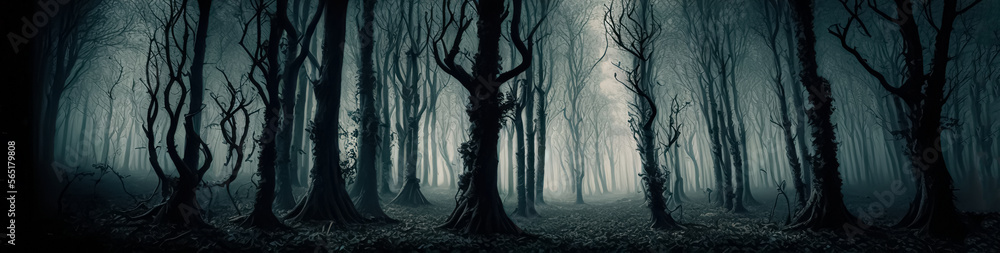Obraz premium Dark forest panorama fantasy landscape. Mysterious background. digital art, generative ai 