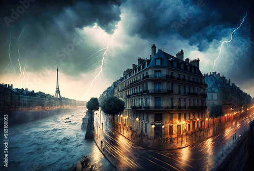 Floods, storm & lightnings over Paris - generative AI