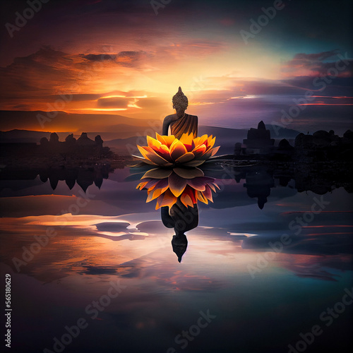 Buddha sitting on lotus over lake. AI generative.