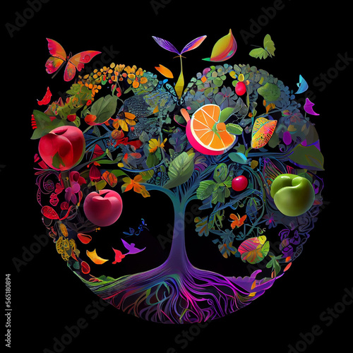 Colorful tree with fruit and butterfly. AI generative.