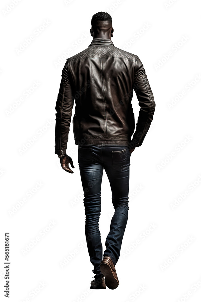 back view of a black man walking away and wearing a leather jacket and ...