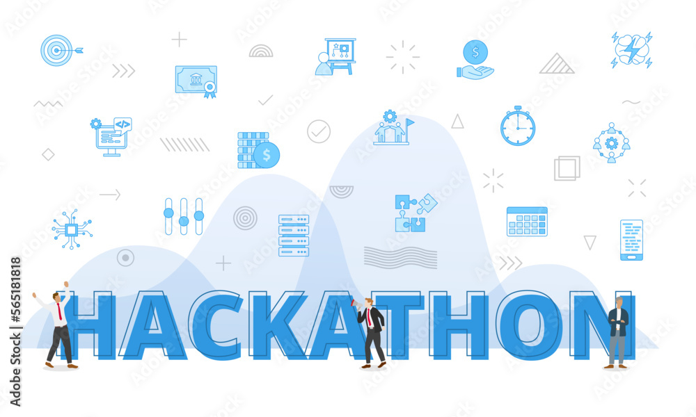 hackathon concept with big words and people surrounded by related icon with blue color style hackathon concept with big words and people surrounded by related icon with blue color style