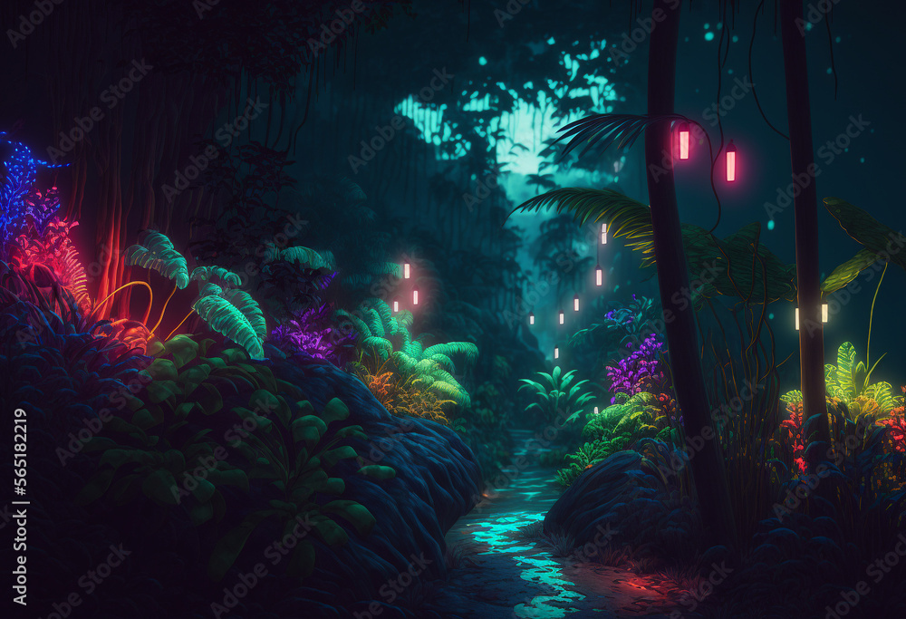 Ai-Generated 3D Render of a Neon Jungle: Illuminated Foliage, Exotic Wildlife, and Reflections in the Mist