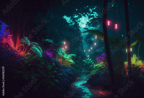 Ai-Generated 3D Render of a Neon Jungle  Illuminated Foliage  Exotic Wildlife  and Reflections in the Mist