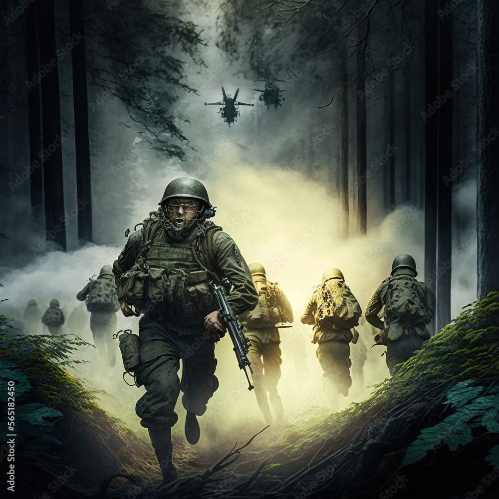 military men with weapons run through the forest, drones fly in the sky. Generative AI military men with weapons run through the forest, drones fly in the sky. Generative AI