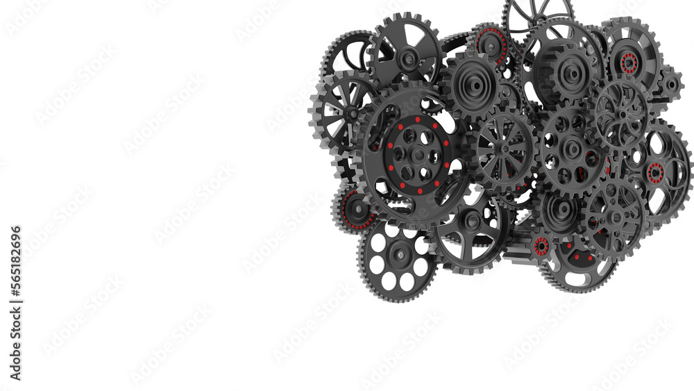 Obraz premium Mechanism black gears and cogs at work on spot light background. Industrial machinery. 3D illustration. 3D high quality rendering. PNG file format.