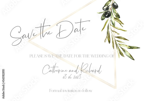 Watercolor greenery wedding stationery card design. Botanical gold polygonal frame wedding invitation card, save the date triangle gold floral frame card. Olive illustration frames, wreath, border