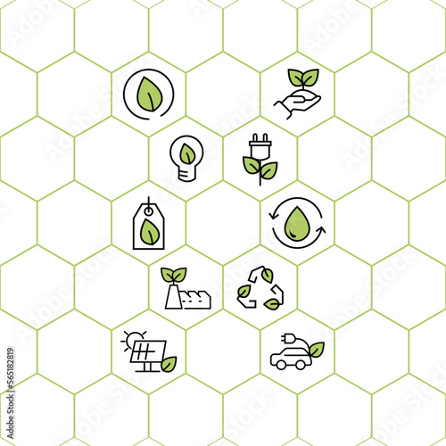 set of eco sustainable environment icon. icon with ecology, sustainability, environmentally, nature outline and green color, vector. icons for symbol, web banner, illustration, web site.