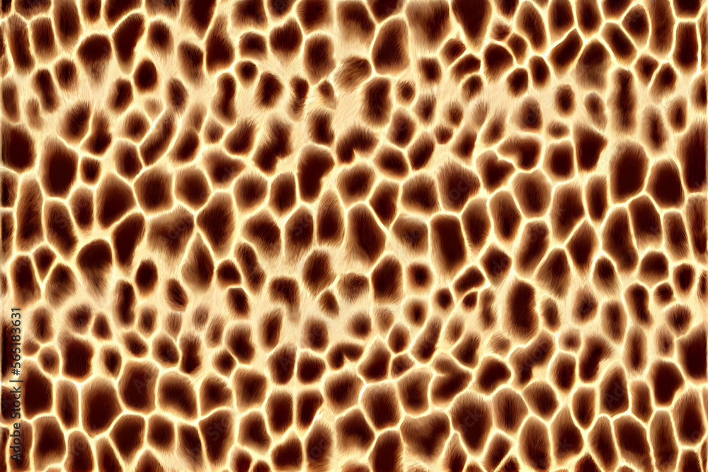 Seamless soft fluffy leopard print or cheetah spots African safari wildlife camouflage pattern. Realistic golden brown long pile animal skin rug or fur coat fashion background texture, AI Generated