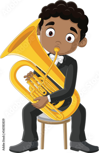 Cartoon little boy playing a trombone