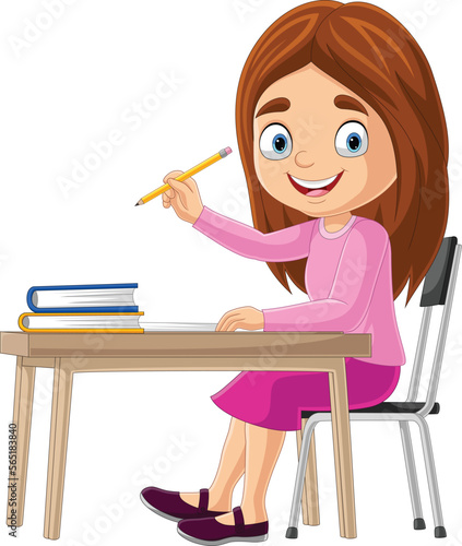 Cartoon little girl studying on the desk