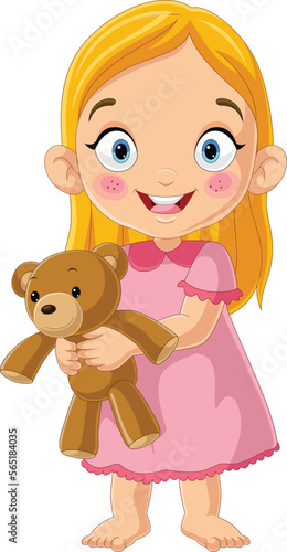 Cartoon little girl holding teddy bear