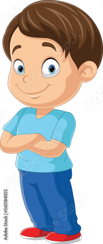 Cartoon little boy stands with arms crossed over his chest