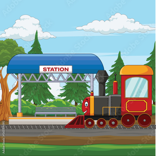 Cartoon train with railway station in the village