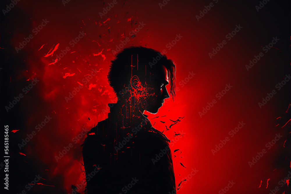 A fantasy silhouette of a person with red background. Generative AI illustration