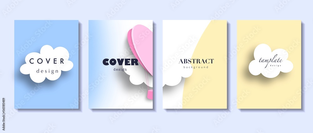 Valentine’s day concept tamplates set. Paper hearts, clouds, flying hot air balloon, yellow, blue background. trendy love sale banner, voucher template, greeting card