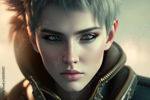 Wallpaper Mural A fictional person, Portrait of a woman with short hair and piercing eyes - generative AI illustration Torontodigital.ca