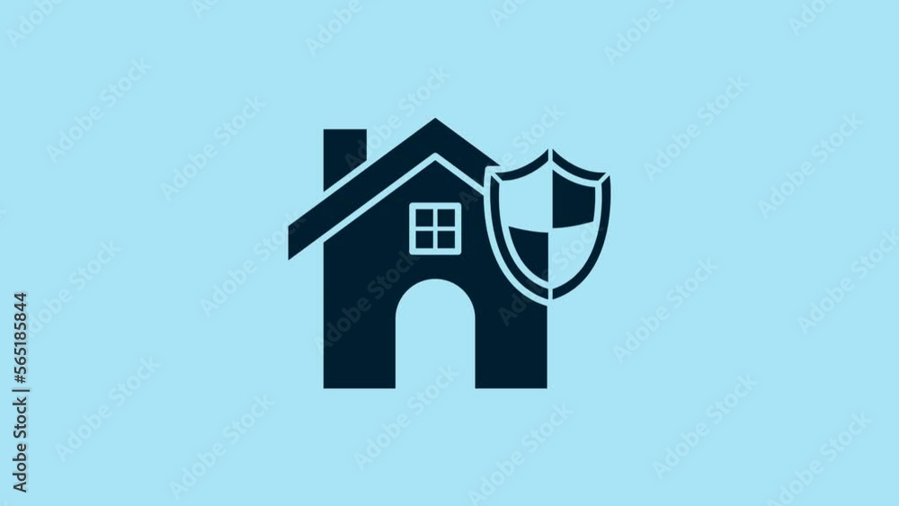 Blue House with shield icon isolated on blue background. Insurance concept. Security, safety, protection, protect concept. 4K Video motion graphic animation Blue House with shield icon isolated on blue background. Insurance concept. Security, safety, protection, protect concept. 4K Video motion graphic animation
