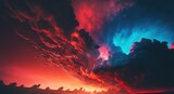 red sunset sky. warm red and blue clouds. Fantasy sunset.