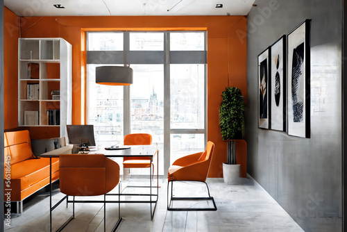 Bright, modern office design with sleek furnishings and decor, window view for corporate meetings and lounge. business seeking functional and stylish workspace, perfect  productivity and creativity.