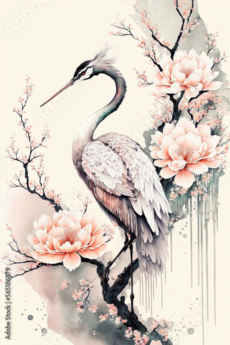 Cranes, Sakura.Flowers, japanese bird. traditional folk fashion. Generated AI