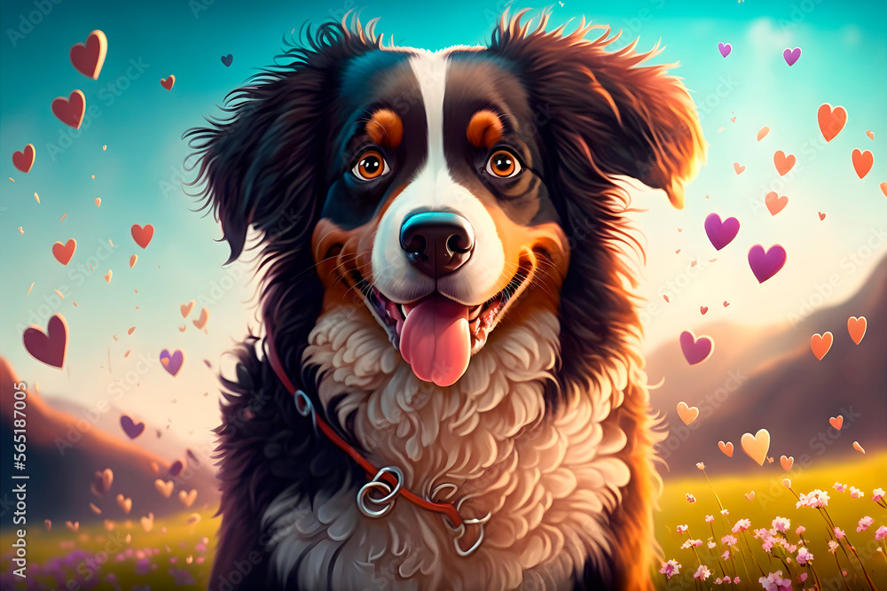 Adorable and Cute Dog with Hearts and Flowers on the Background. Valentine's Day Wallpapper. Generative AI