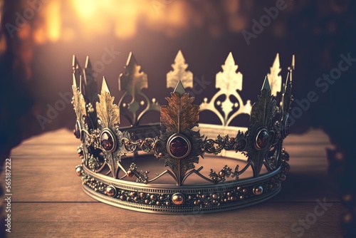 Vintage-filtered fantasy image of a medieval king's crown sitting on a wooden table. Generative AI