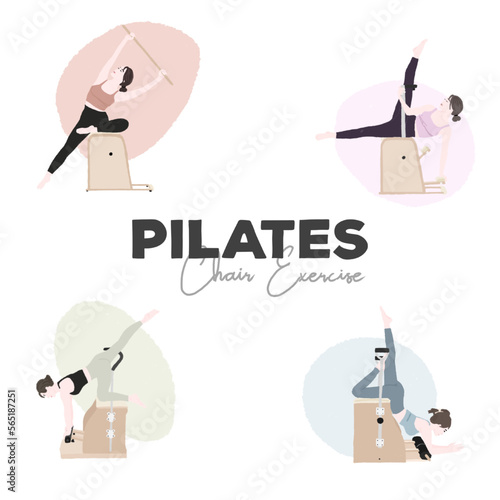 A set of pilates chair exercise pose - women doing pilates on the equipment