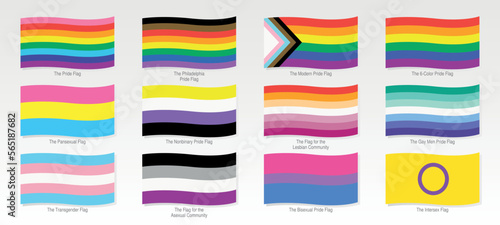 Waving flags LGBT, Pansexual, Non Binary, Lesbian, Gay, Transgender, Asexual, Bisexual, Intersex on white background. Vector image