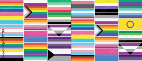Flat background formed by the LGBT flags of different sexual orientations arranged in a random way. Vector image
