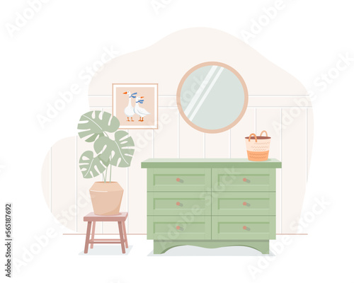 Country house interior. Retro style furniture. Green chest of drawers,  monstera plant in pot on stool, mirror, picture of geese on wall. Vector illustration in cartoon style in pastel colors.