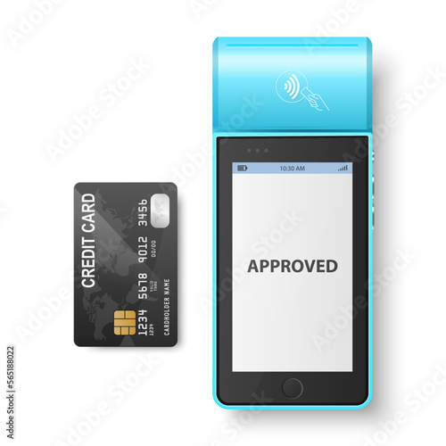 Vector 3d Blue NFC Payment Machine with Approved Status and Credit Card Isolated. Wi-fi, Wireless Payment. POS Terminal, Machine Design Template of Bank Payment Contactless Terminal, Mockup. Top VIew