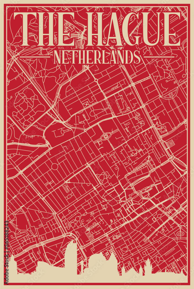 Red hand-drawn framed poster of the downtown THE HAGUE, NETHERLANDS with highlighted vintage city skyline and lettering
