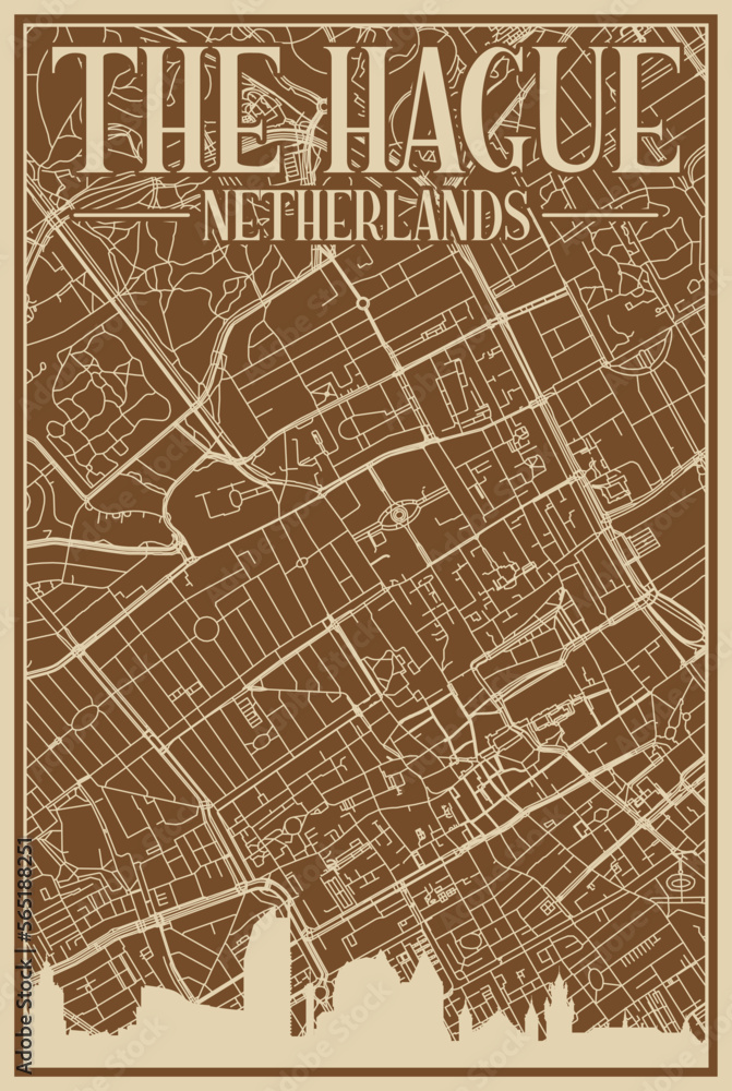 Obraz premium Brown hand-drawn framed poster of the downtown THE HAGUE, NETHERLANDS with highlighted vintage city skyline and lettering