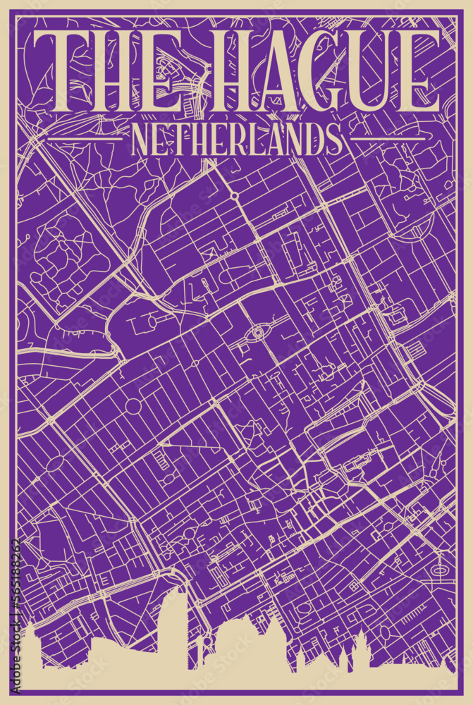 Purple hand-drawn framed poster of the downtown THE HAGUE, NETHERLANDS with highlighted vintage city skyline and lettering